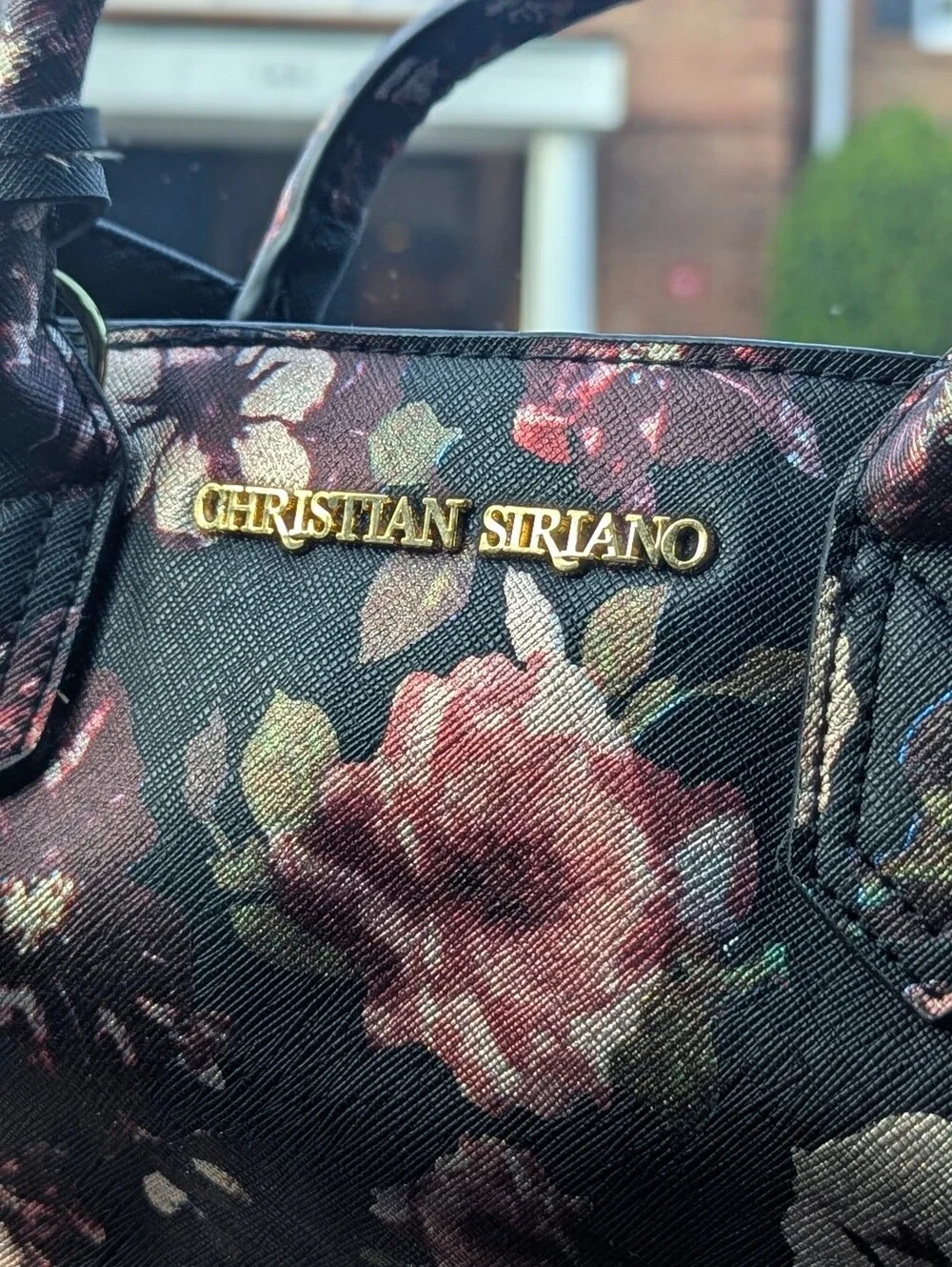 Christian Siriano Floral Crossbody Satchel Bag Black Saffiano Handbag Clean